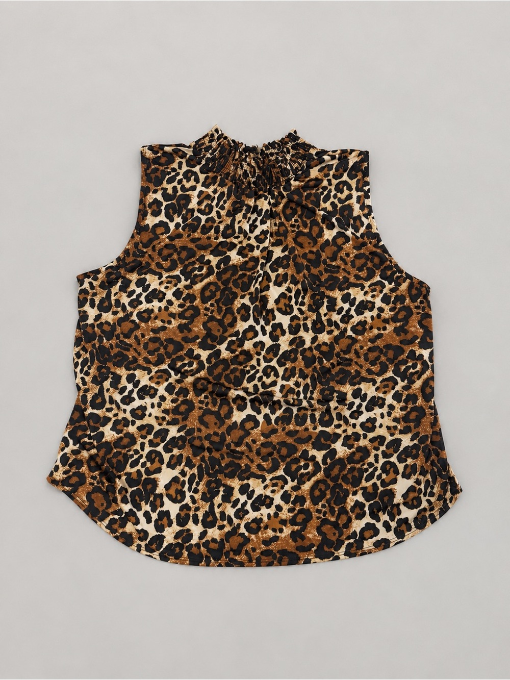 Women’s Leopard Print Sleeveless Blouse with Smocked Mock Neck